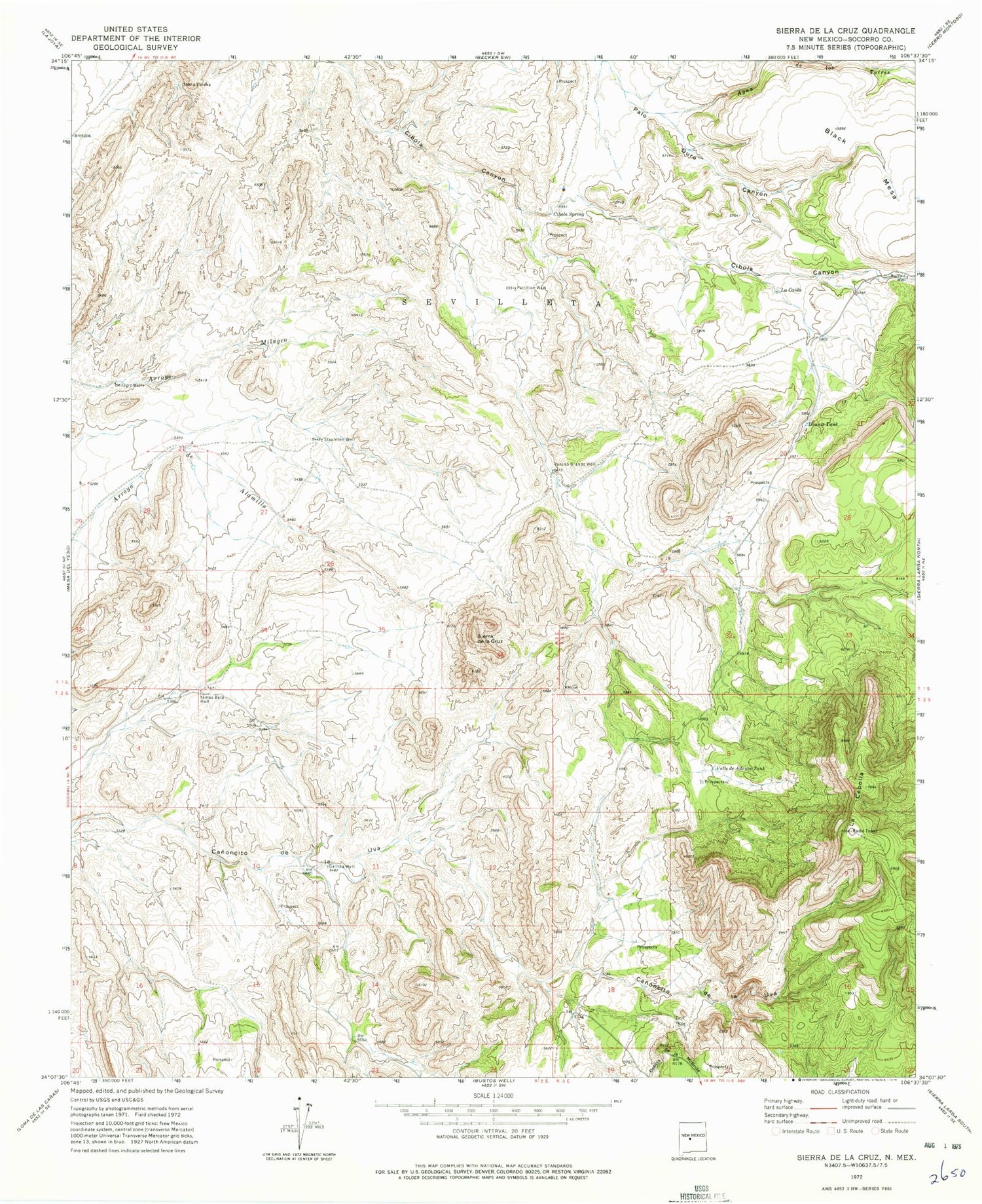 Classic USGS Sierra De La Cruz New Mexico 7.5'x7.5' Topo Map Image