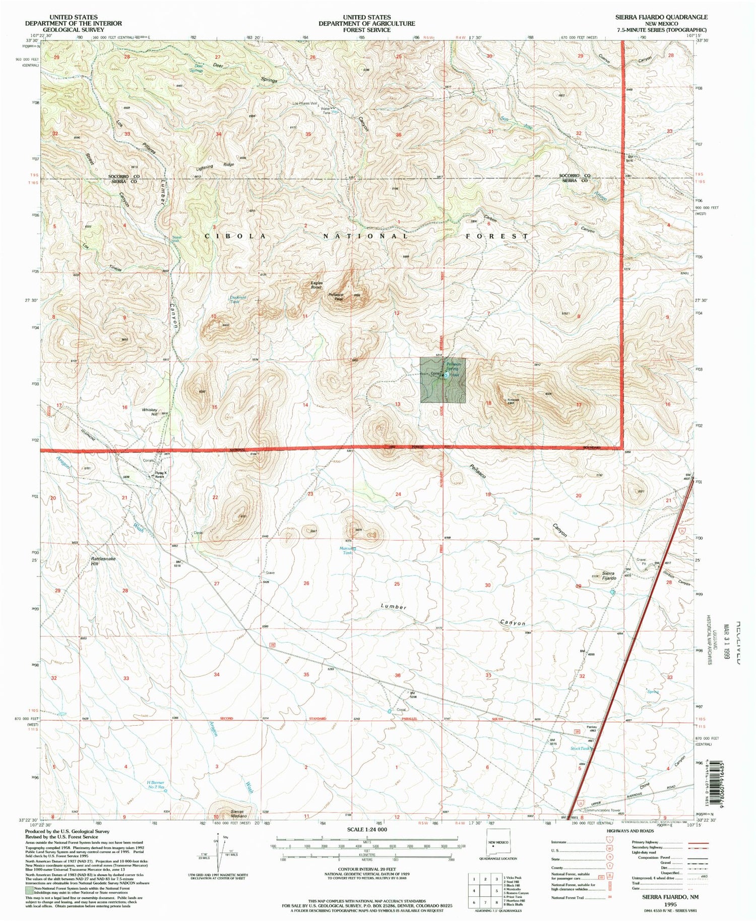 Classic USGS Sierra Fijardo New Mexico 7.5'x7.5' Topo Map Image