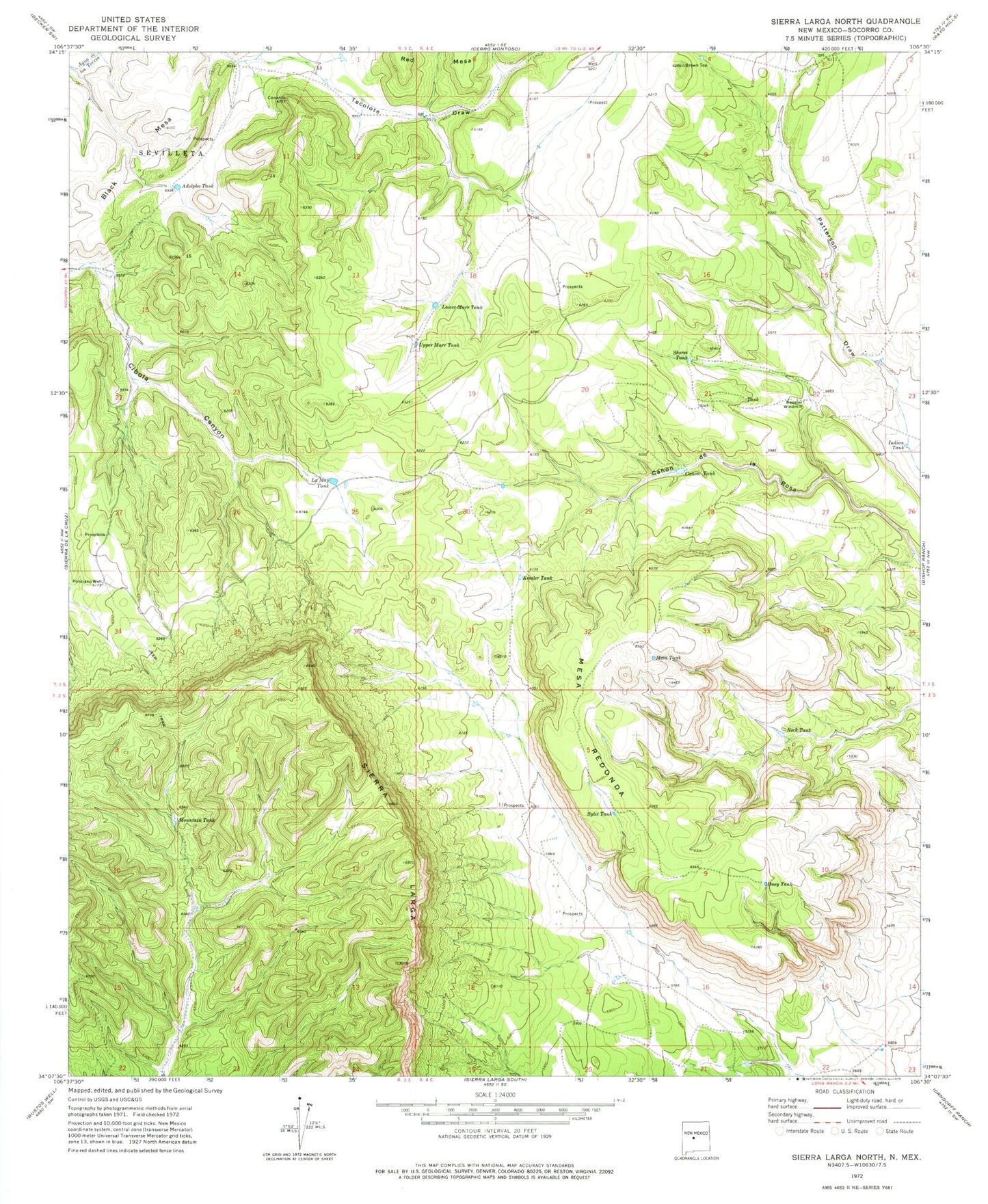 Classic USGS Sierra Larga North New Mexico 7.5'x7.5' Topo Map Image