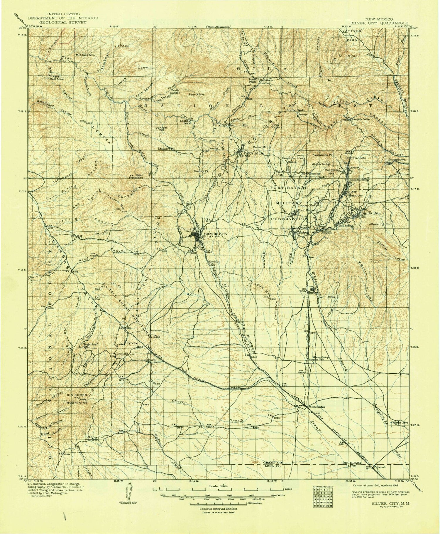 Historic 1909 Silver City New Mexico 30'x30' Topo Map Image