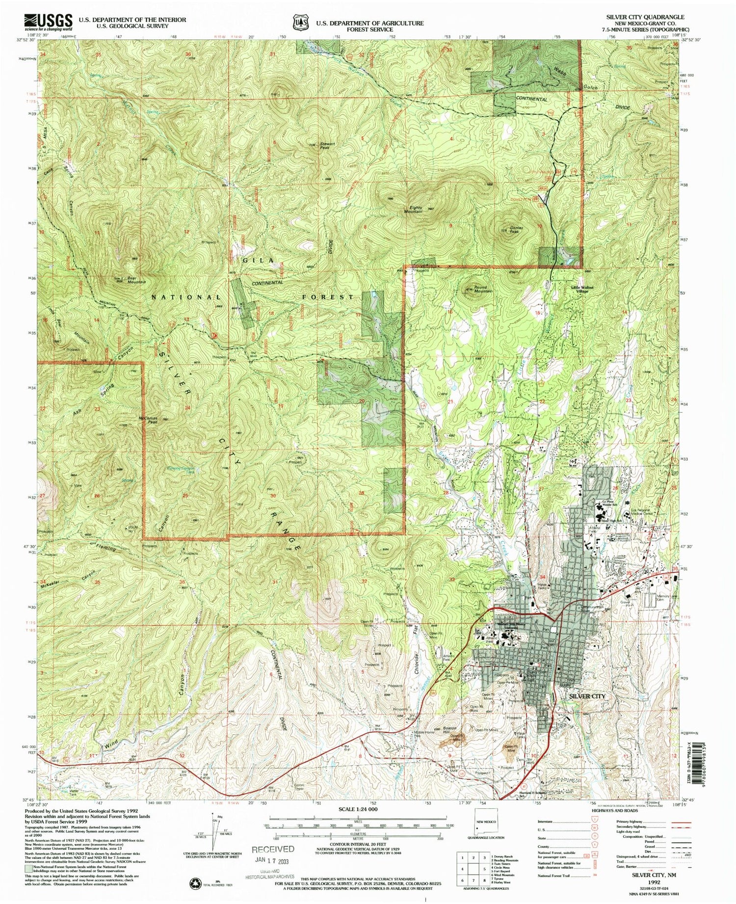 Classic USGS Silver City New Mexico 7.5'x7.5' Topo Map Image