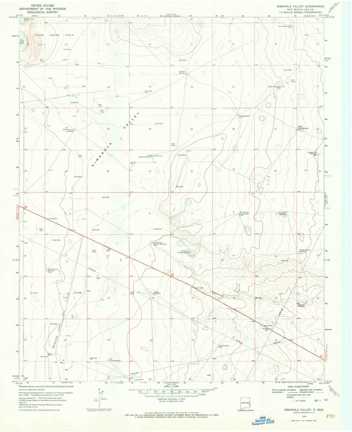 Classic USGS Simanola Valley New Mexico 7.5'x7.5' Topo Map Image