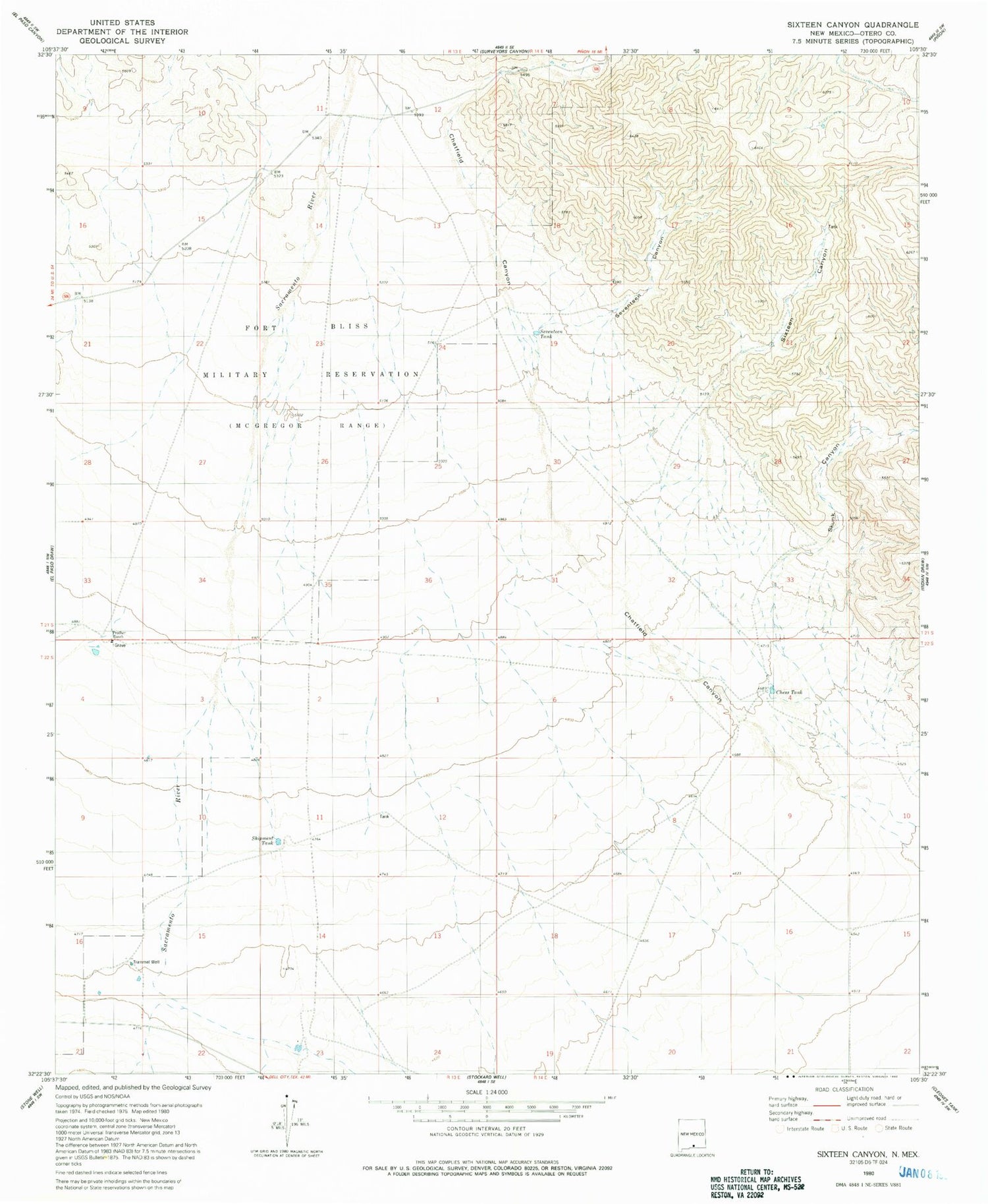 Classic USGS Sixteen Canyon New Mexico 7.5'x7.5' Topo Map Image