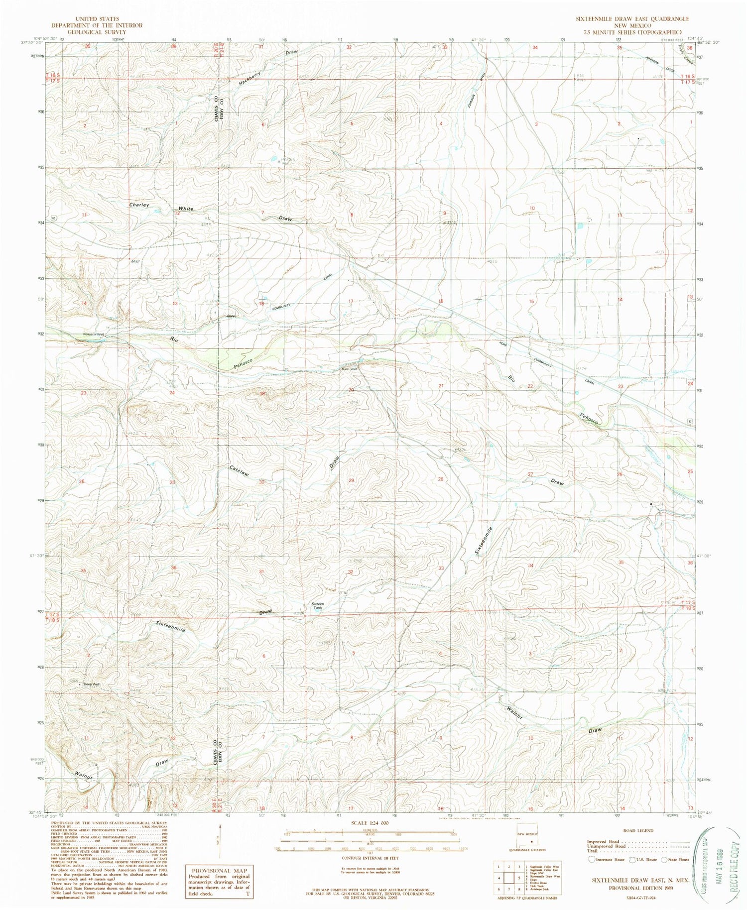 Classic USGS Sixteenmile Draw East New Mexico 7.5'x7.5' Topo Map Image