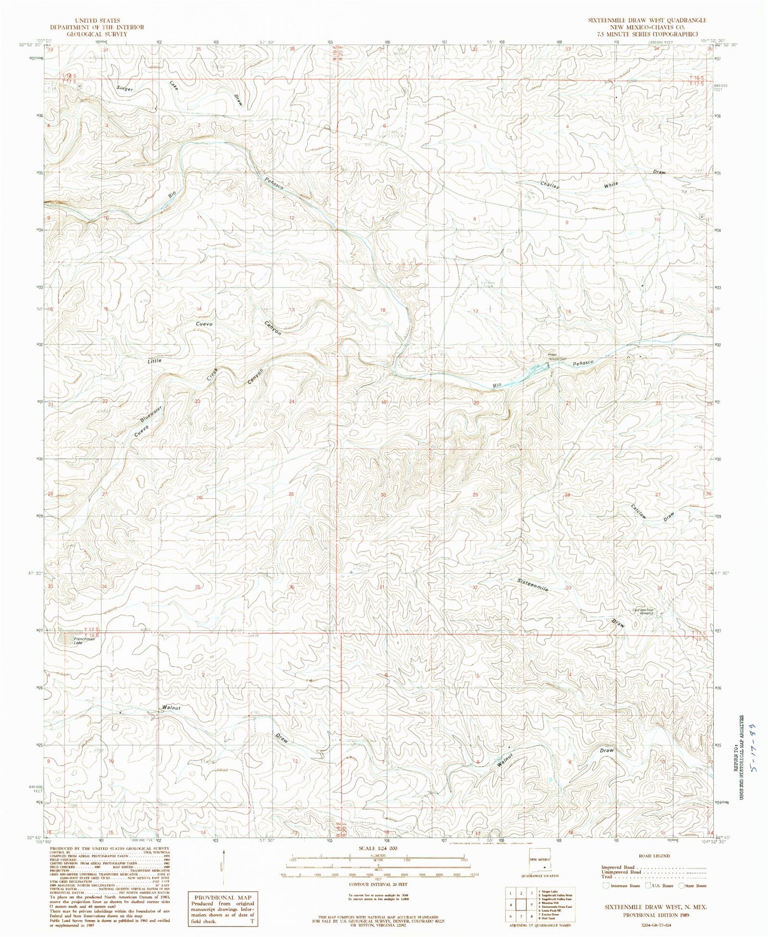 Classic USGS Sixteenmile Draw West New Mexico 7.5'x7.5' Topo Map Image