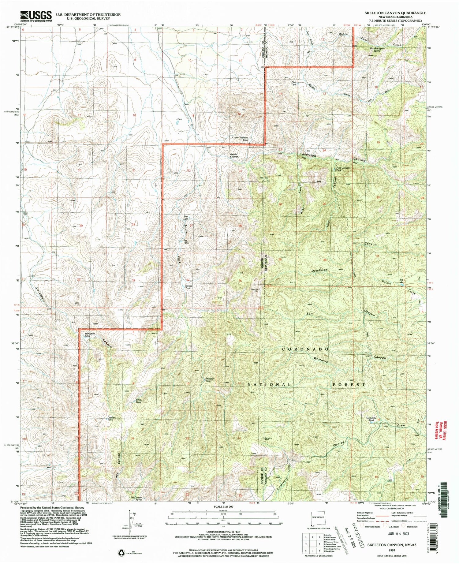 Classic USGS Skeleton Canyon New Mexico 7.5'x7.5' Topo Map Image