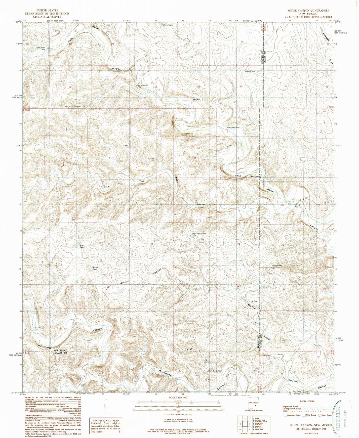 Classic USGS Skunk Canyon New Mexico 7.5'x7.5' Topo Map Image