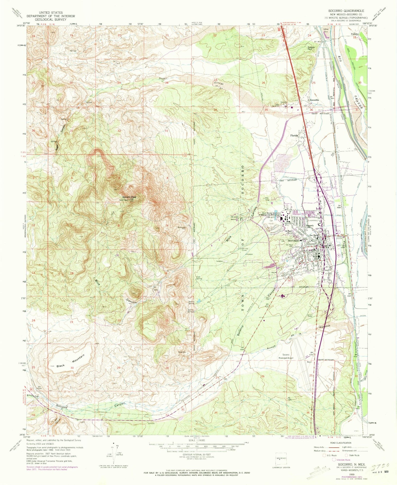 Classic USGS Socorro New Mexico 7.5'x7.5' Topo Map Image
