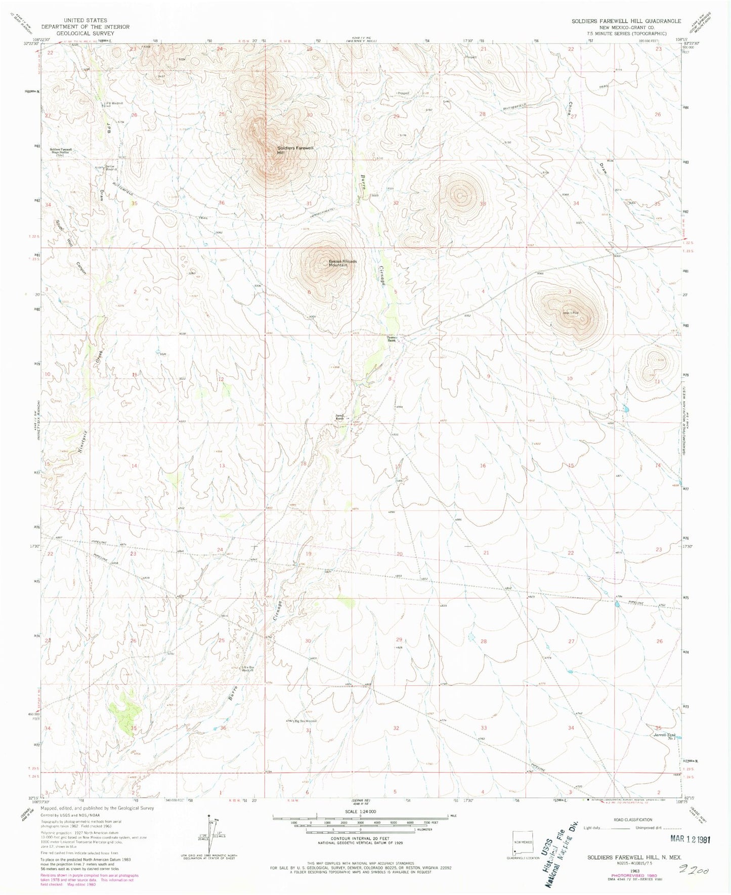 Classic USGS Soldiers Farewell Hill New Mexico 7.5'x7.5' Topo Map Image