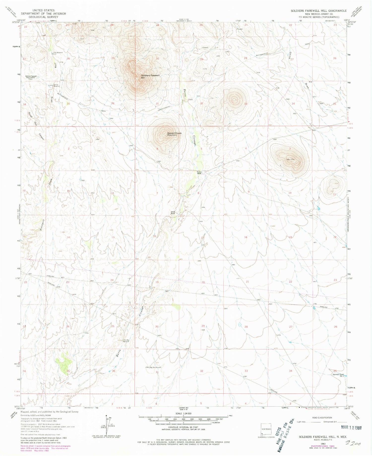 Classic USGS Soldiers Farewell Hill New Mexico 7.5'x7.5' Topo Map Image