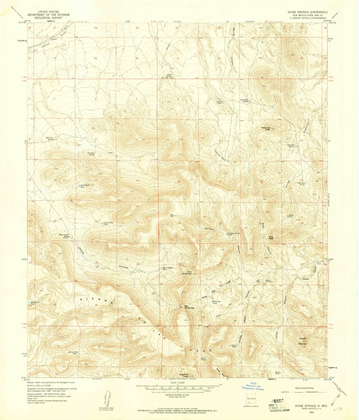 Classic USGS Souse Springs New Mexico 7.5'x7.5' Topo Map Image
