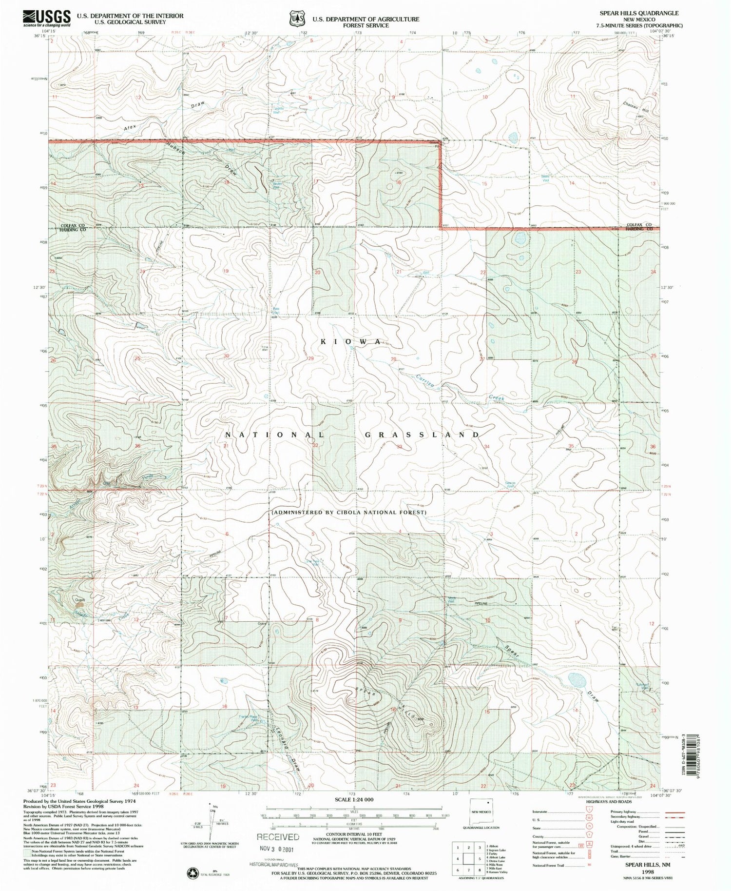 Classic USGS Spear Hills New Mexico 7.5'x7.5' Topo Map Image