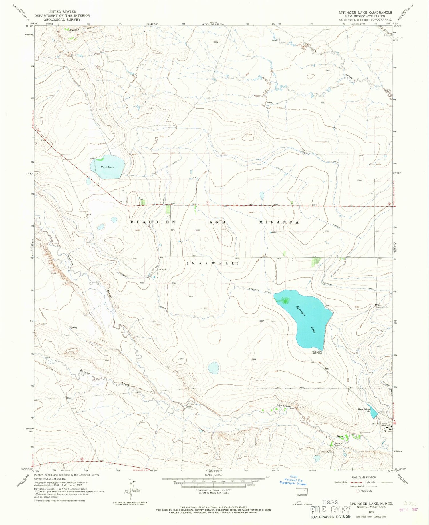 Classic USGS Springer Lake New Mexico 7.5'x7.5' Topo Map Image