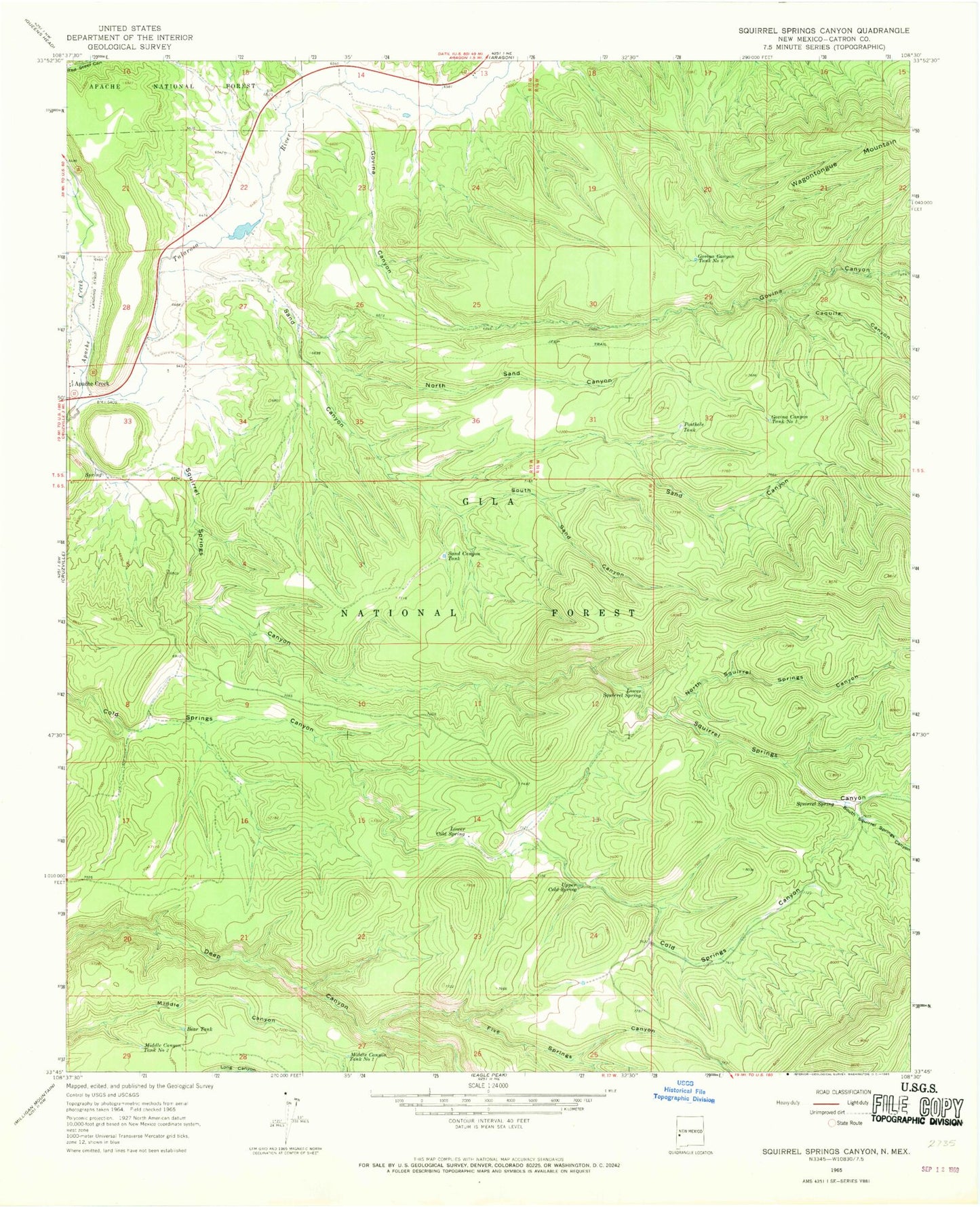 Classic USGS Squirrel Springs Canyon New Mexico 7.5'x7.5' Topo Map Image