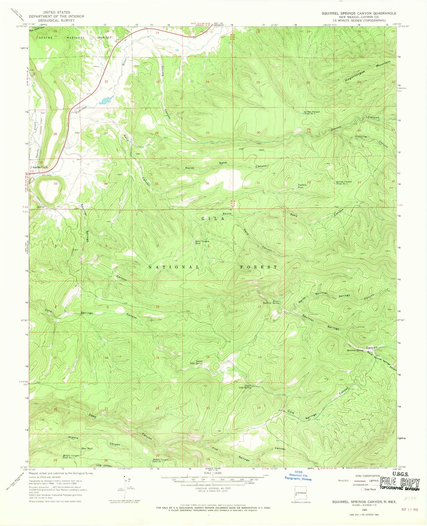 Classic USGS Squirrel Springs Canyon New Mexico 7.5'x7.5' Topo Map Image