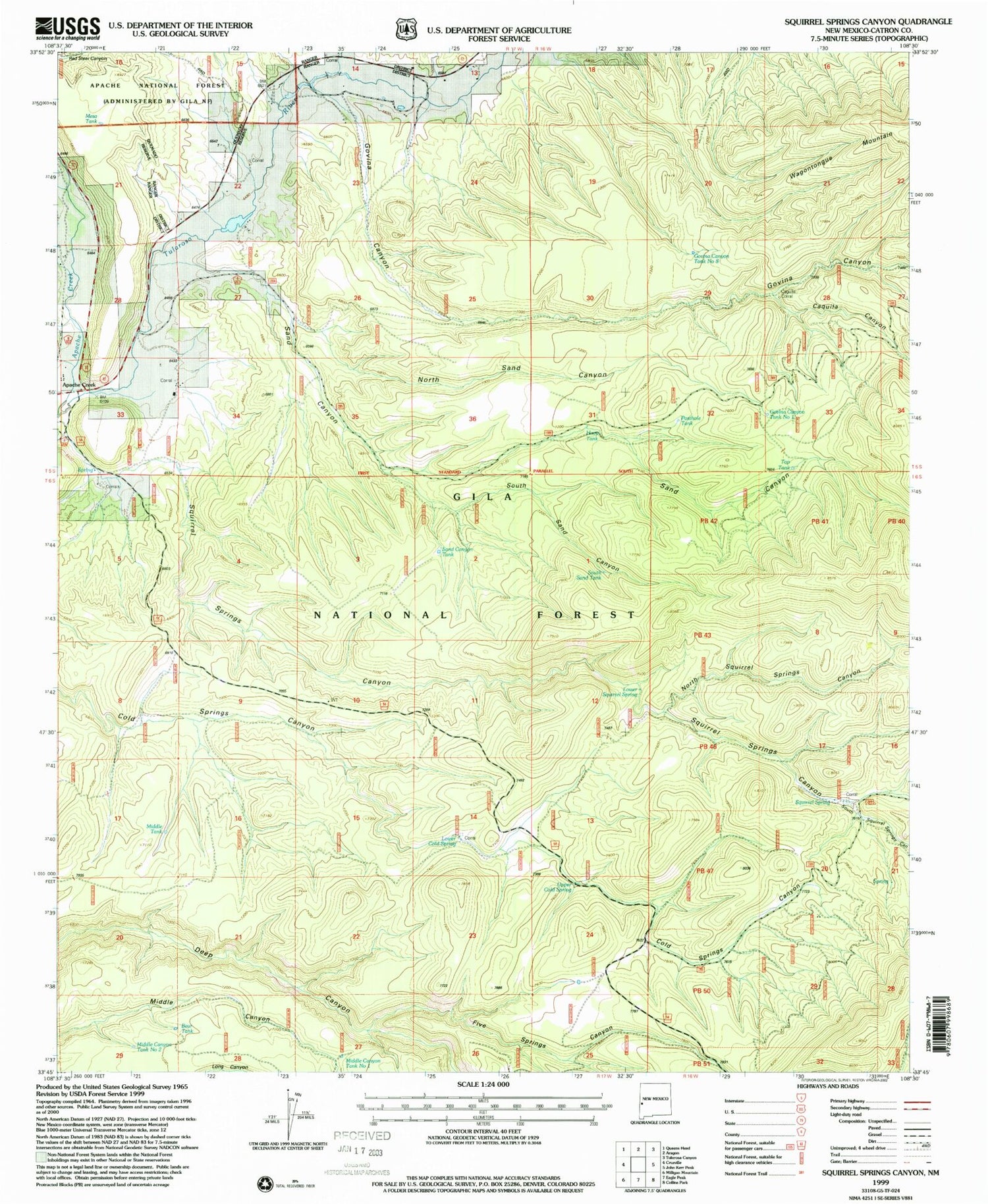 Classic USGS Squirrel Springs Canyon New Mexico 7.5'x7.5' Topo Map Image