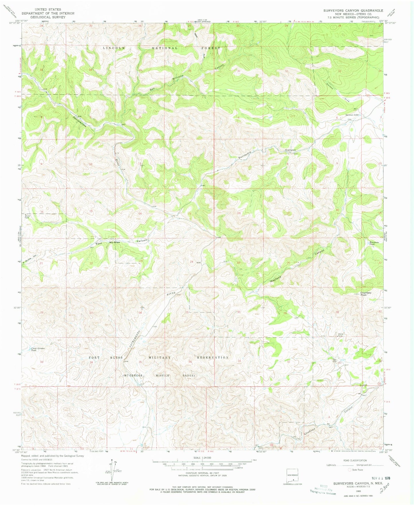 Classic USGS Surveyors Canyon New Mexico 7.5'x7.5' Topo Map Image