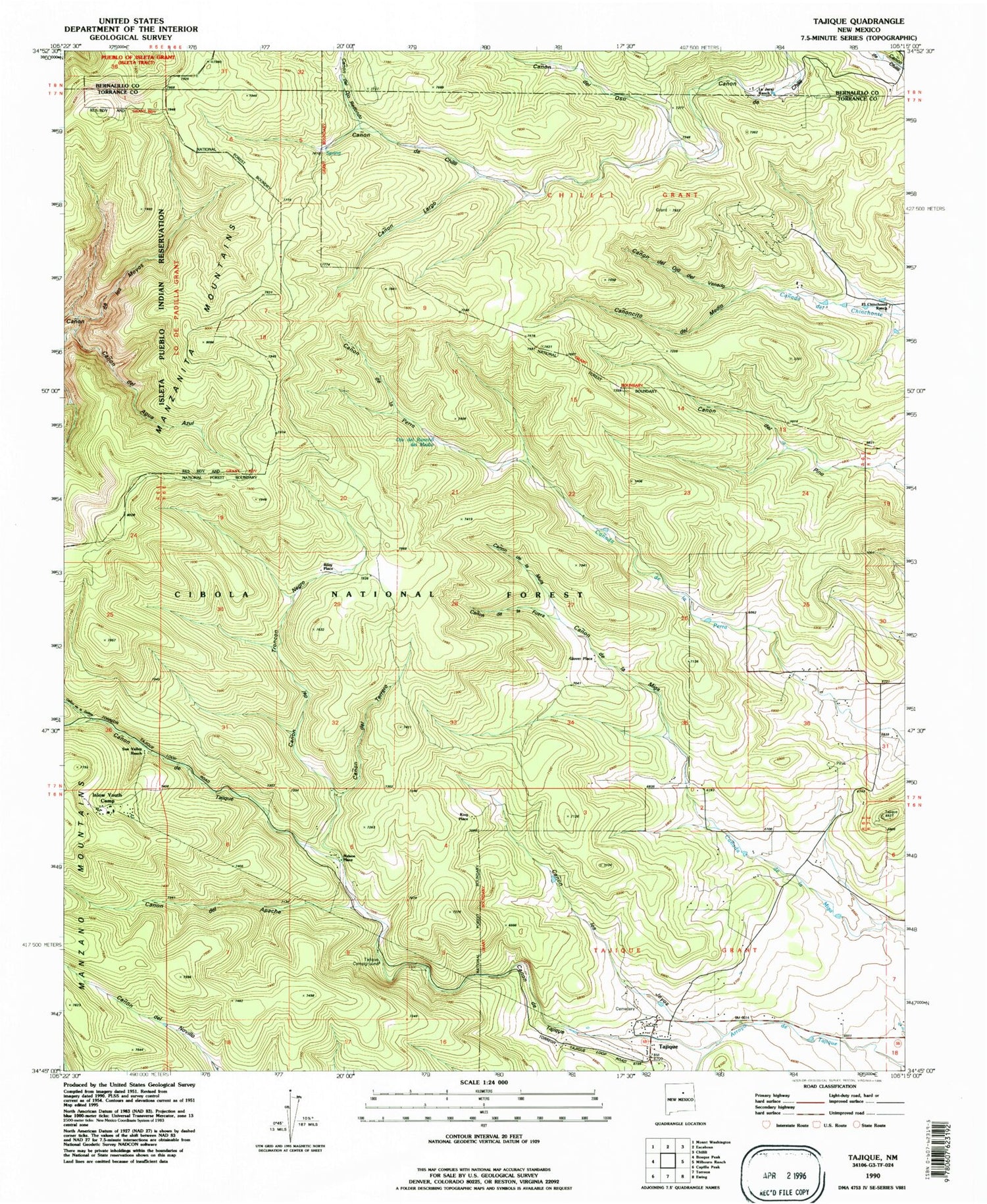 Classic USGS Tajique New Mexico 7.5'x7.5' Topo Map Image