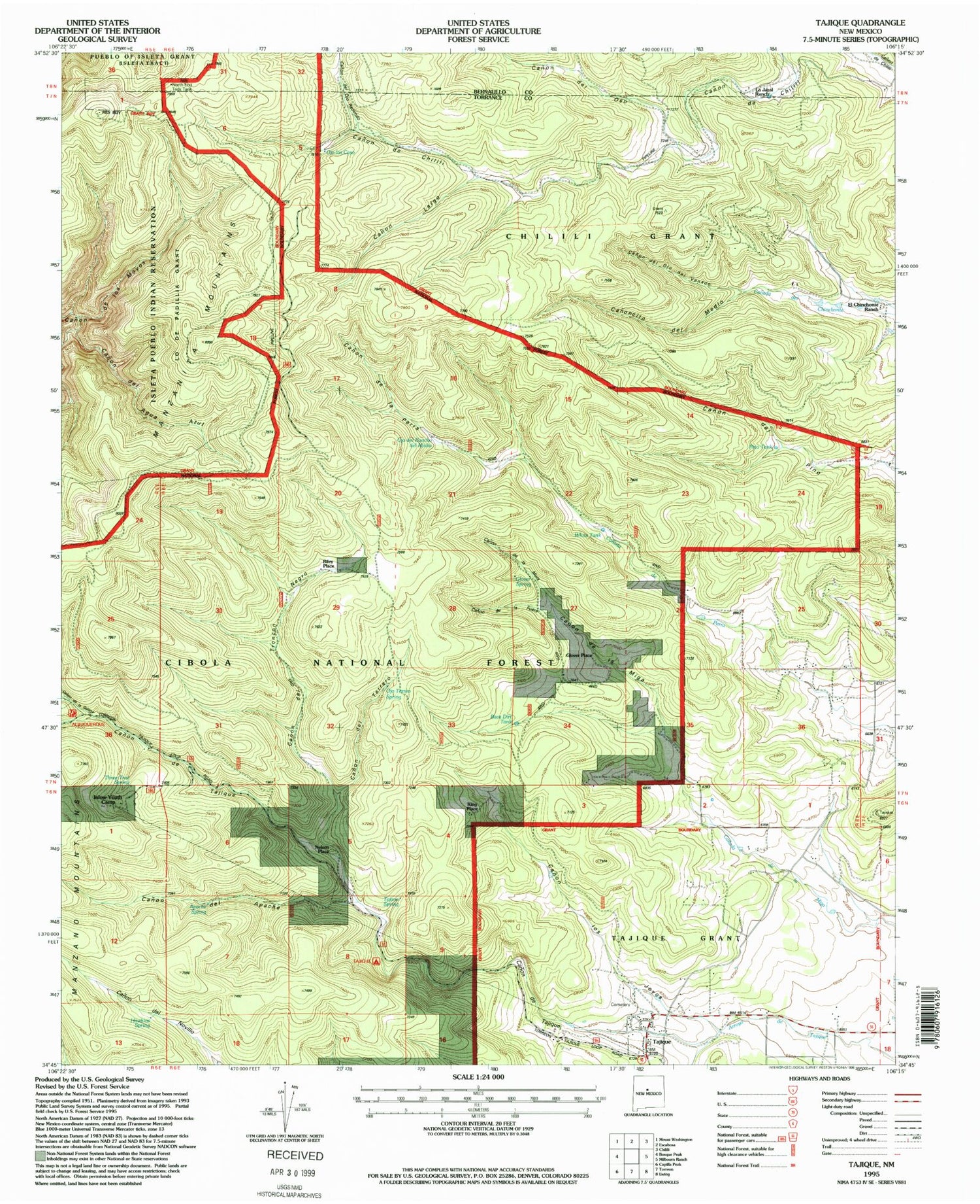 Classic USGS Tajique New Mexico 7.5'x7.5' Topo Map Image
