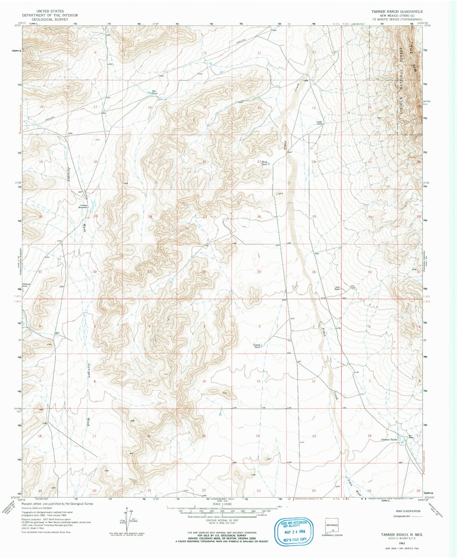 Classic USGS Tanner Ranch New Mexico 7.5'x7.5' Topo Map Image