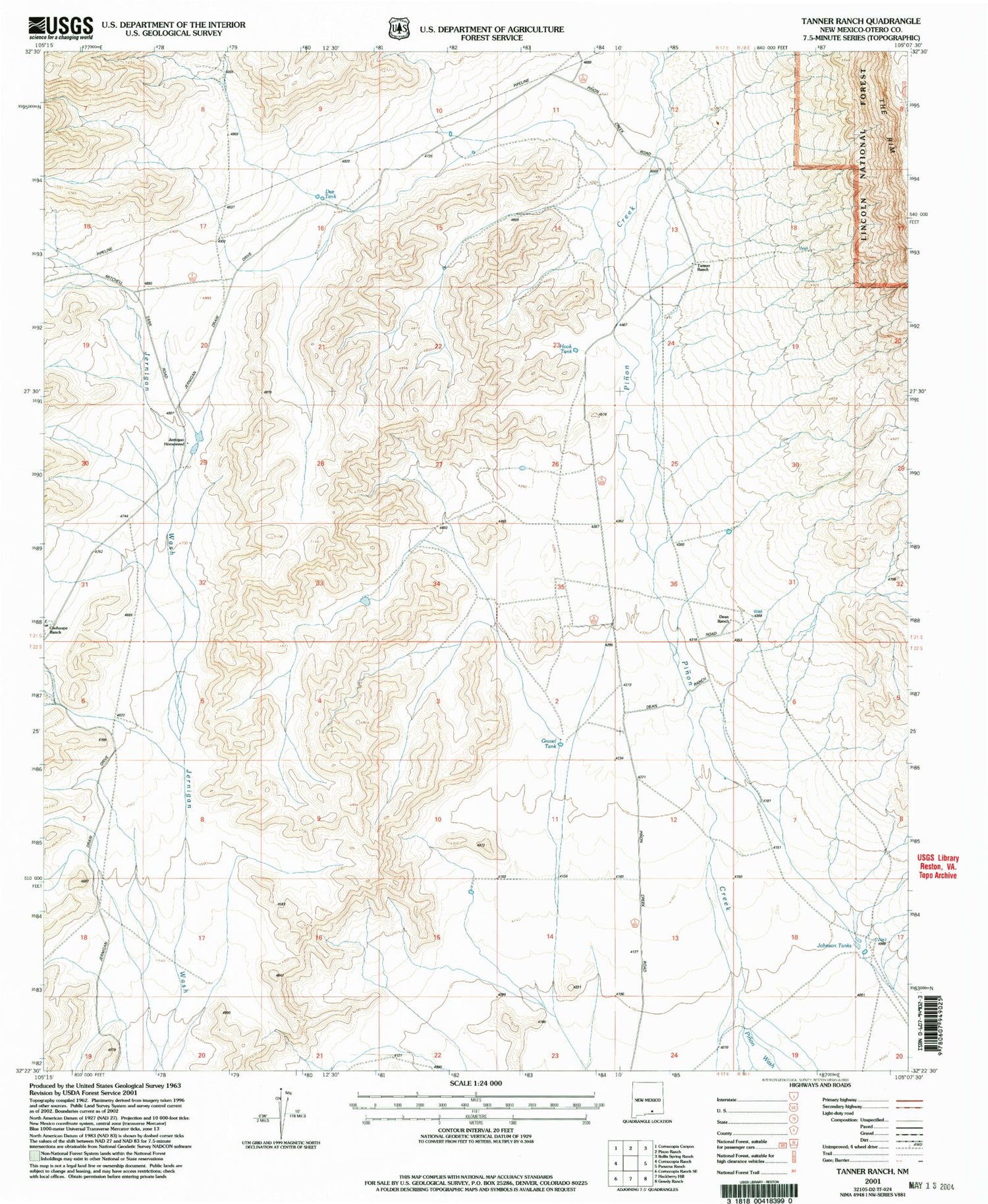 Classic USGS Tanner Ranch New Mexico 7.5'x7.5' Topo Map Image