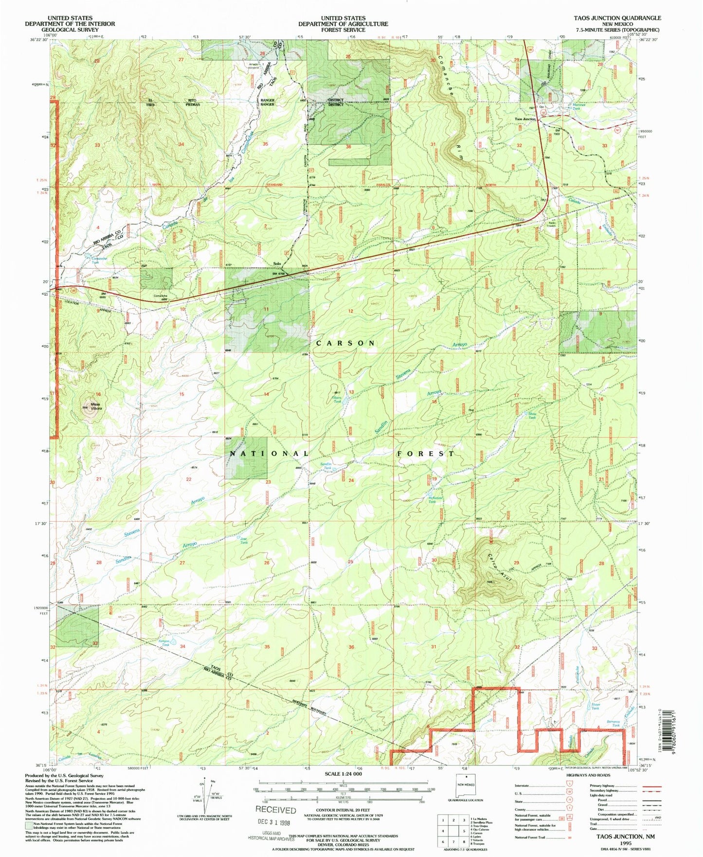Classic USGS Taos Junction New Mexico 7.5'x7.5' Topo Map Image