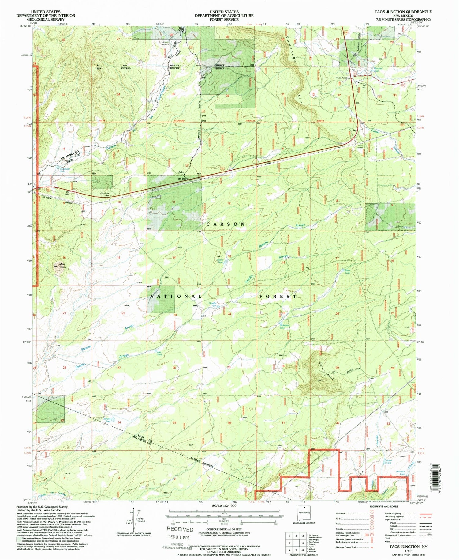 Classic USGS Taos Junction New Mexico 7.5'x7.5' Topo Map Image