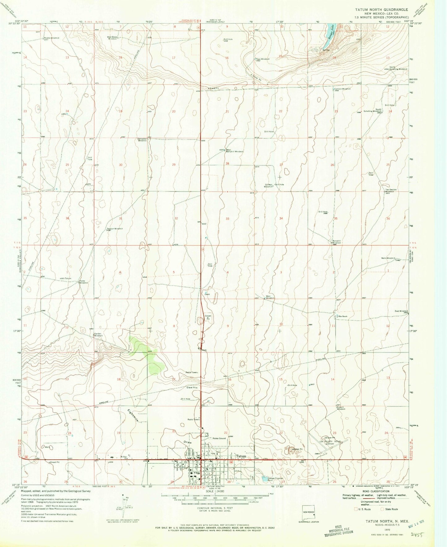 Classic USGS Tatum North New Mexico 7.5'x7.5' Topo Map Image
