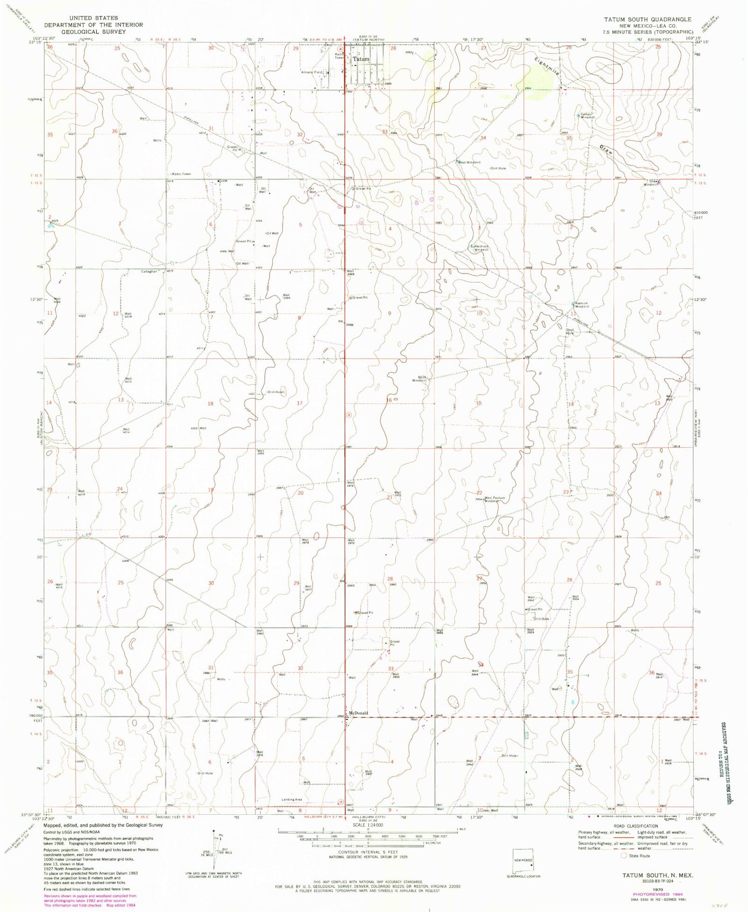 Classic USGS Tatum South New Mexico 7.5'x7.5' Topo Map Image