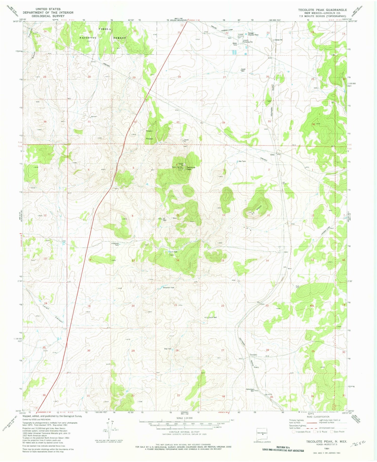 Classic USGS Tecolote Peak New Mexico 7.5'x7.5' Topo Map Image