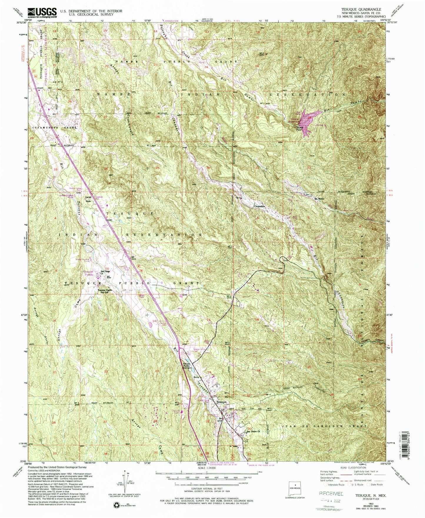 Classic USGS Tesuque New Mexico 7.5'x7.5' Topo Map Image