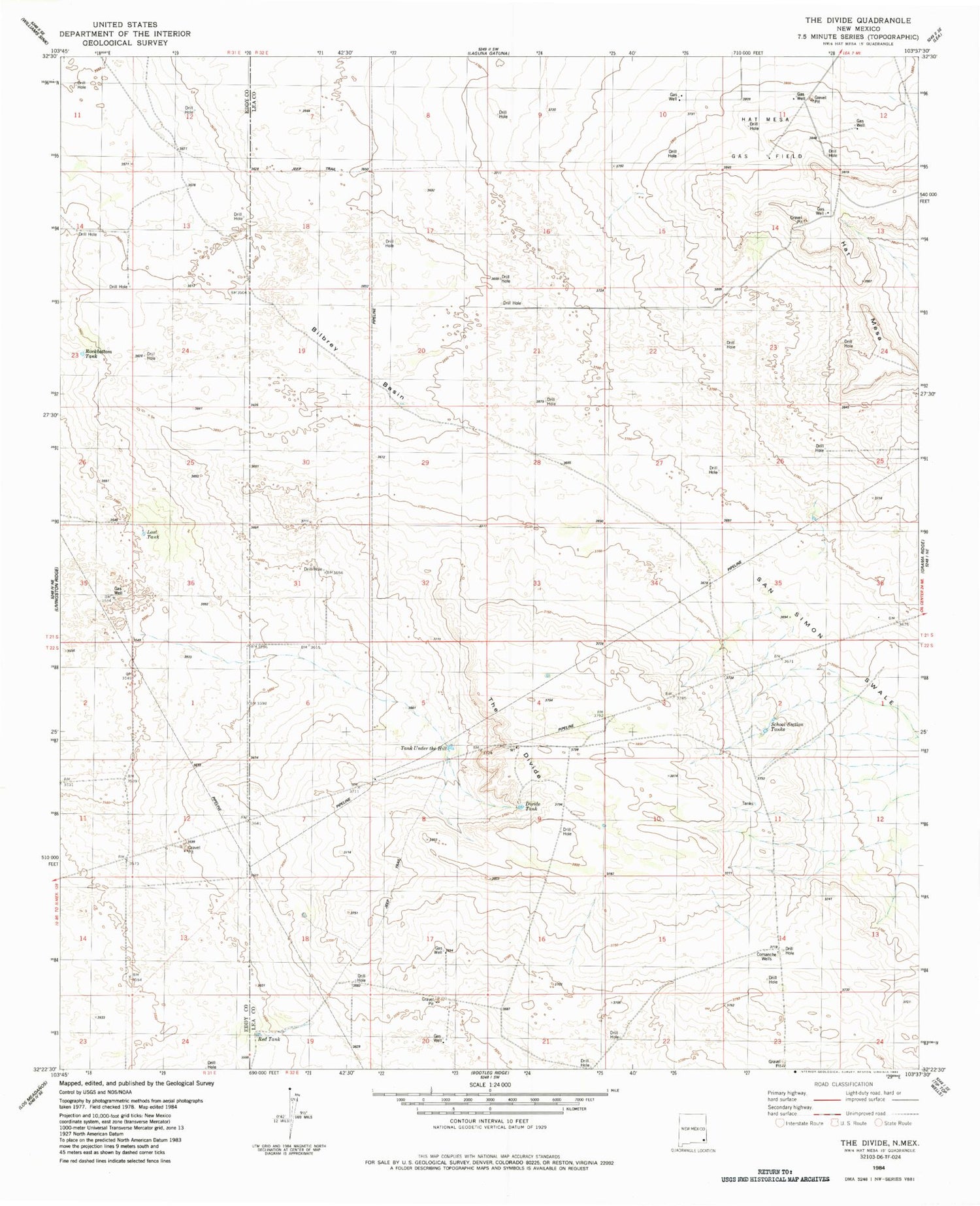 Classic USGS The Divide New Mexico 7.5'x7.5' Topo Map Image