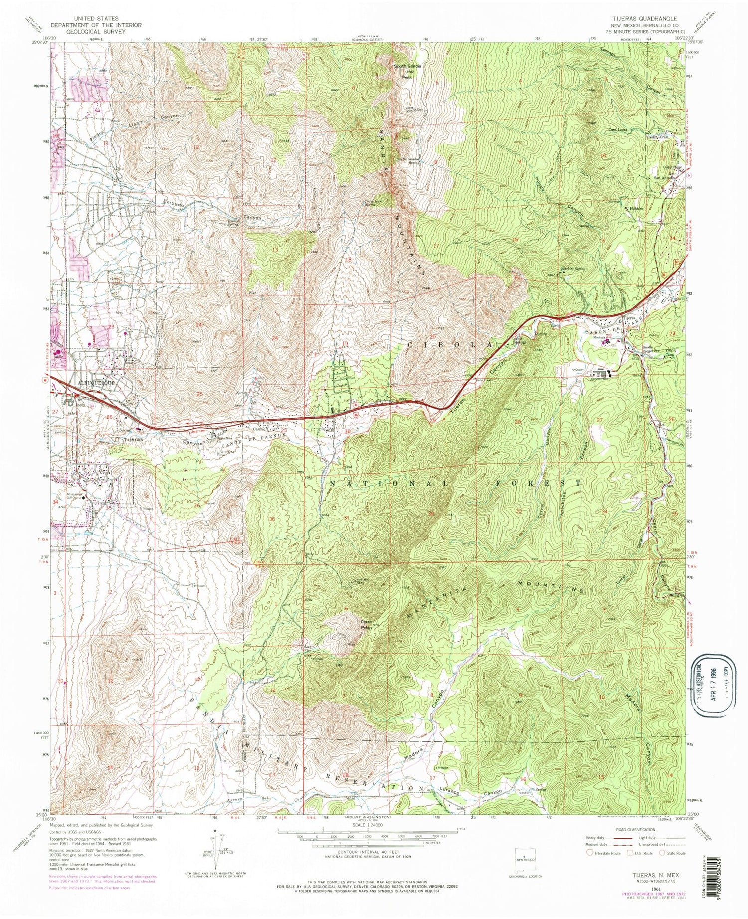 Classic USGS Tijeras New Mexico 7.5'x7.5' Topo Map Image