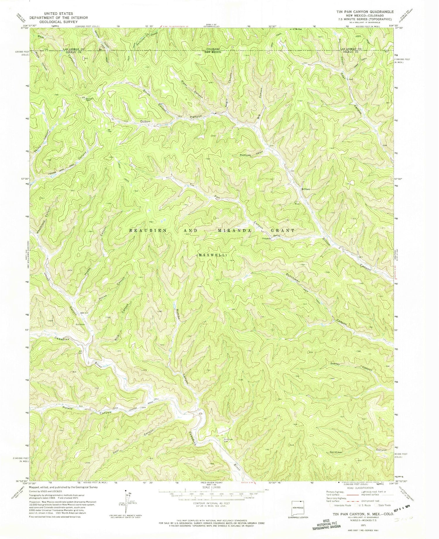 Classic USGS Tin Pan Canyon New Mexico 7.5'x7.5' Topo Map Image