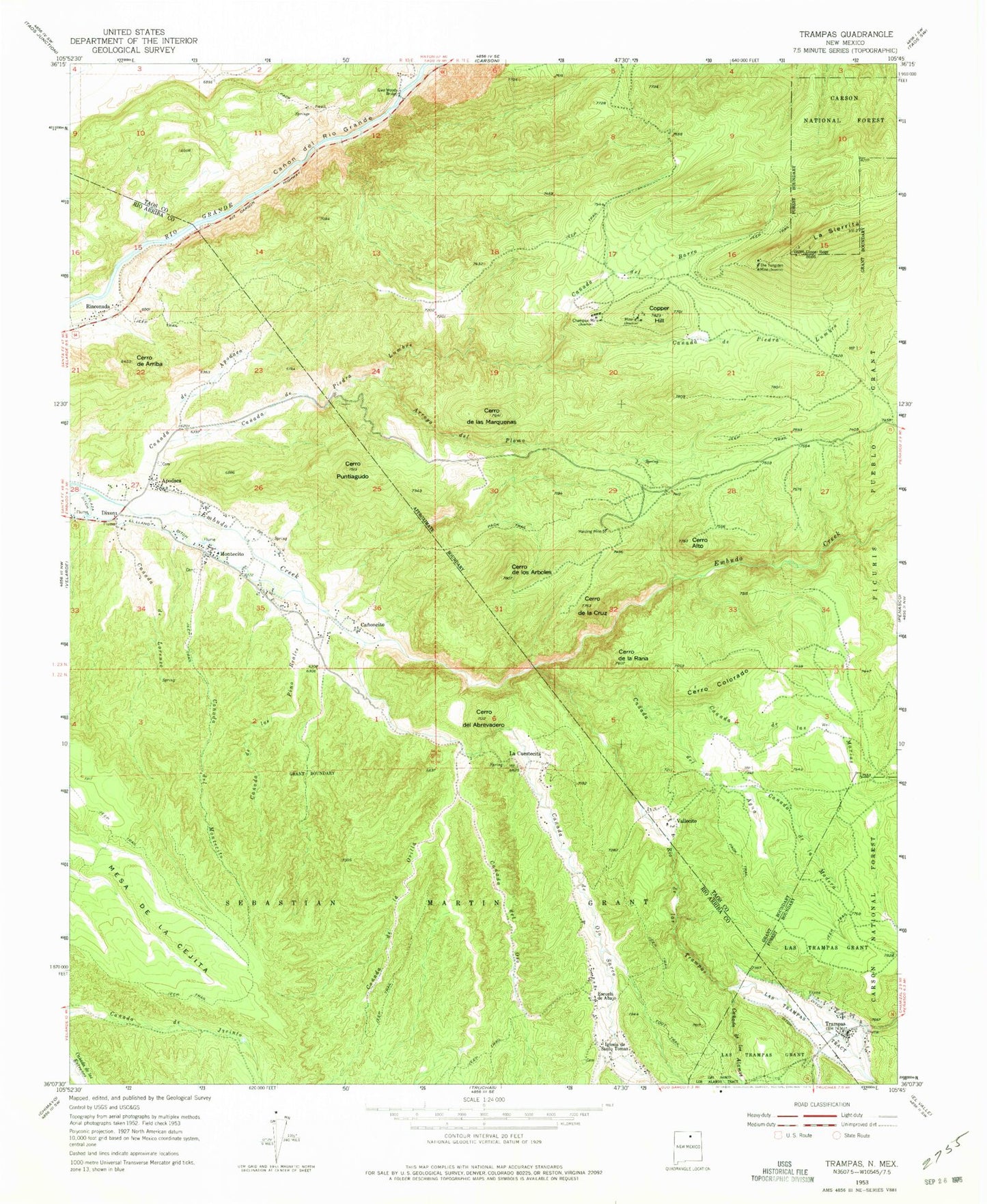 Classic USGS Trampas New Mexico 7.5'x7.5' Topo Map Image