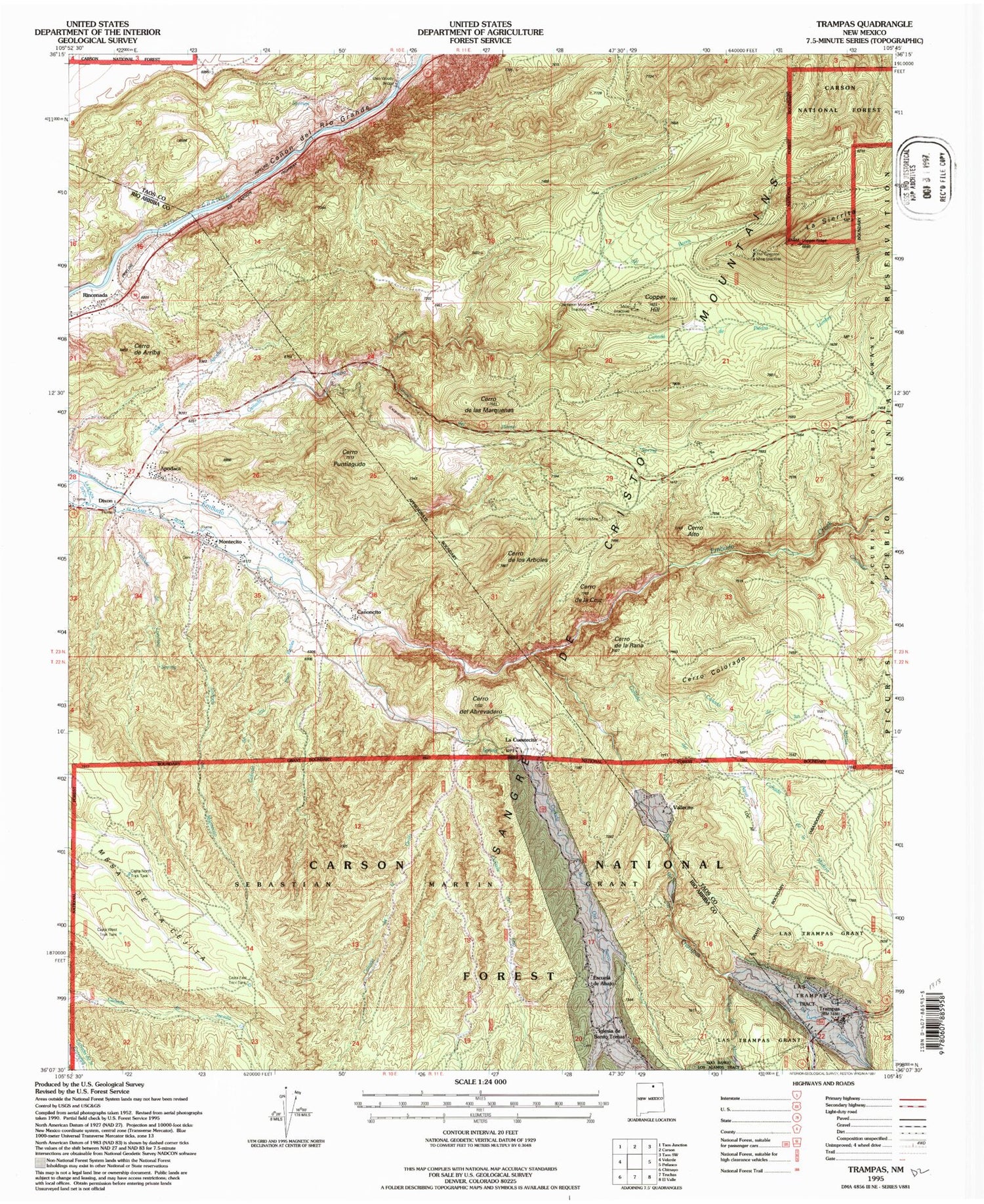 Classic USGS Trampas New Mexico 7.5'x7.5' Topo Map Image