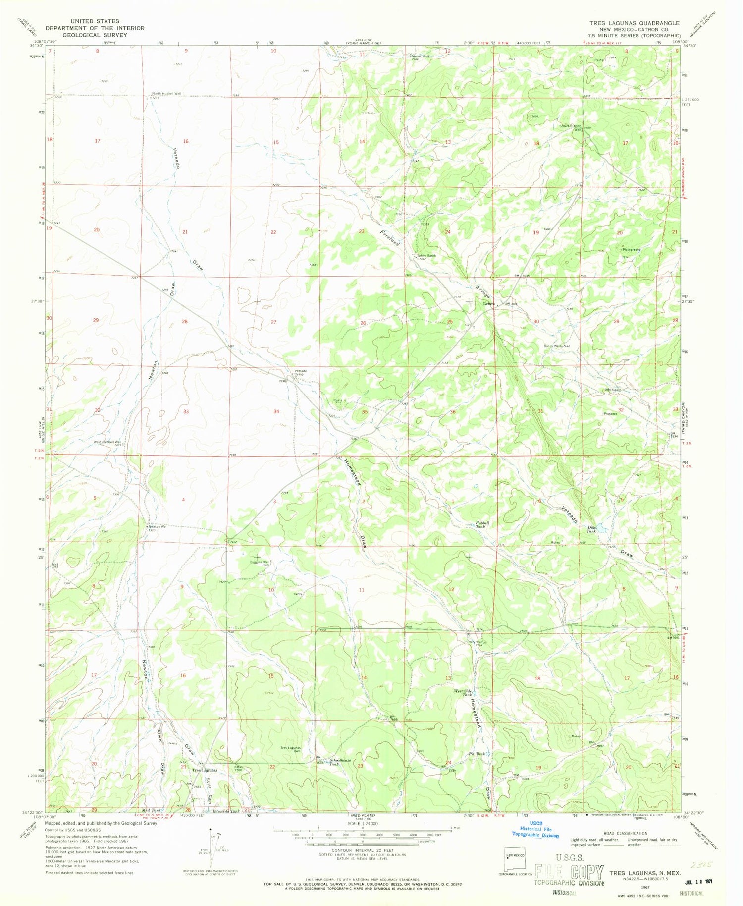 Classic USGS Tres Lagunas New Mexico 7.5'x7.5' Topo Map Image