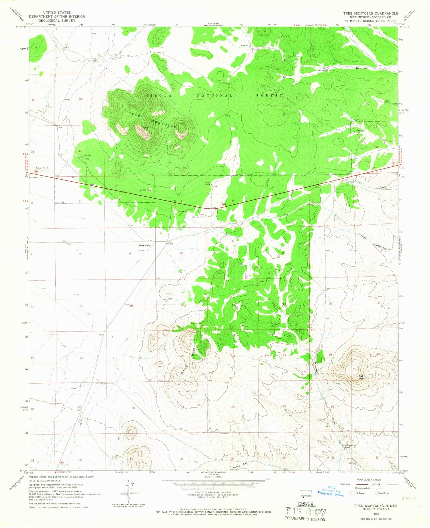 Classic USGS Tres Montosas New Mexico 7.5'x7.5' Topo Map Image