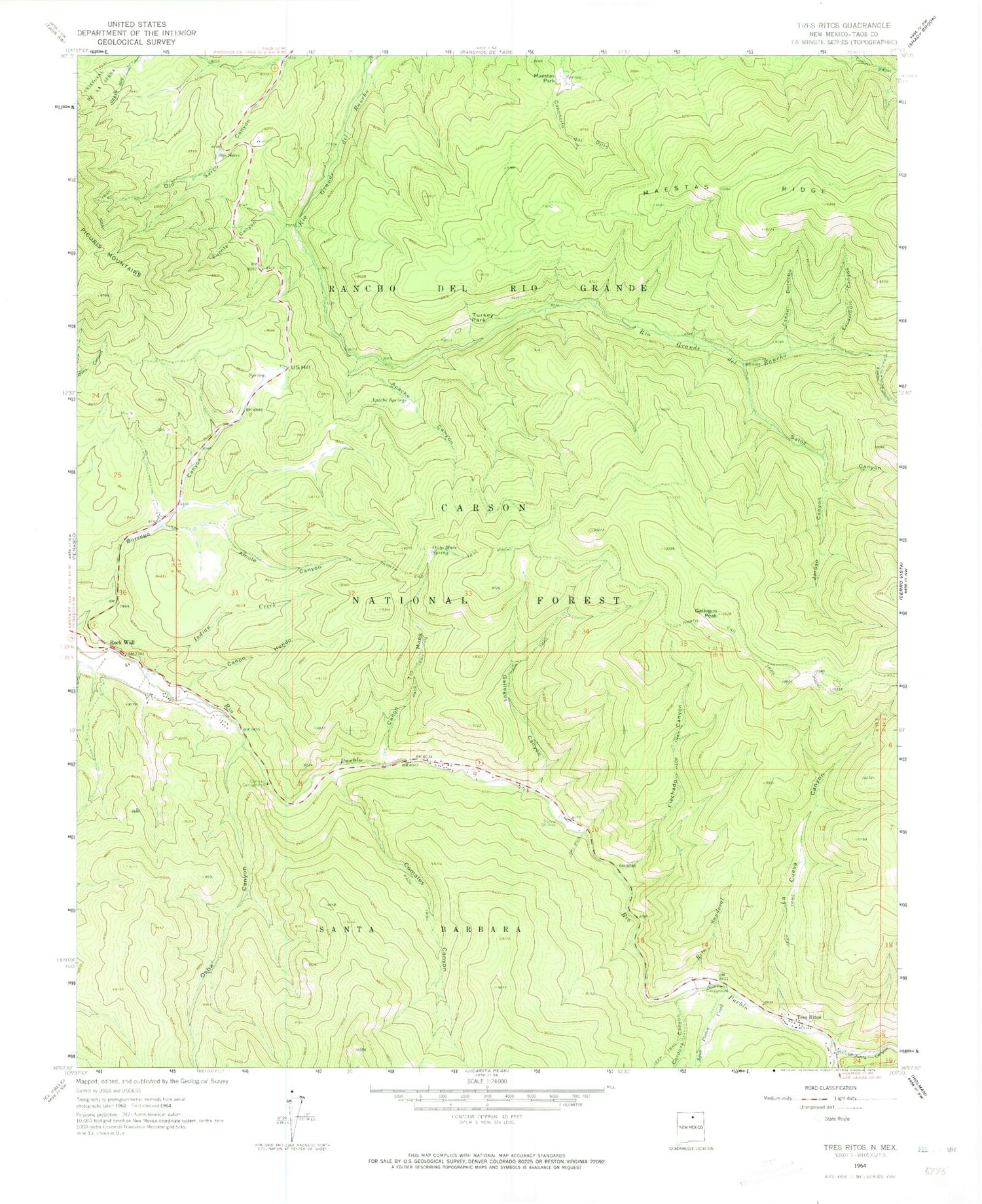 Classic USGS Tres Ritos New Mexico 7.5'x7.5' Topo Map Image