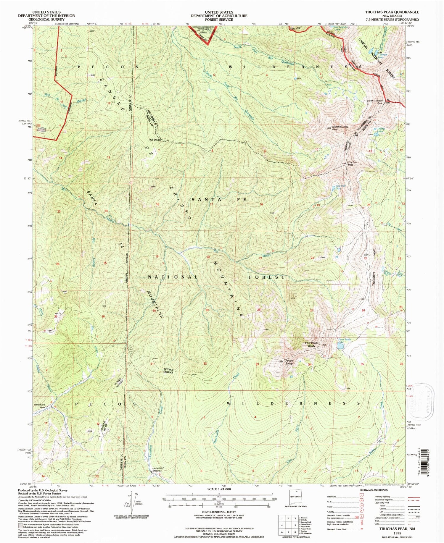 USGS Classic Truchas Peak New Mexico 7.5'x7.5' Topo Map Image