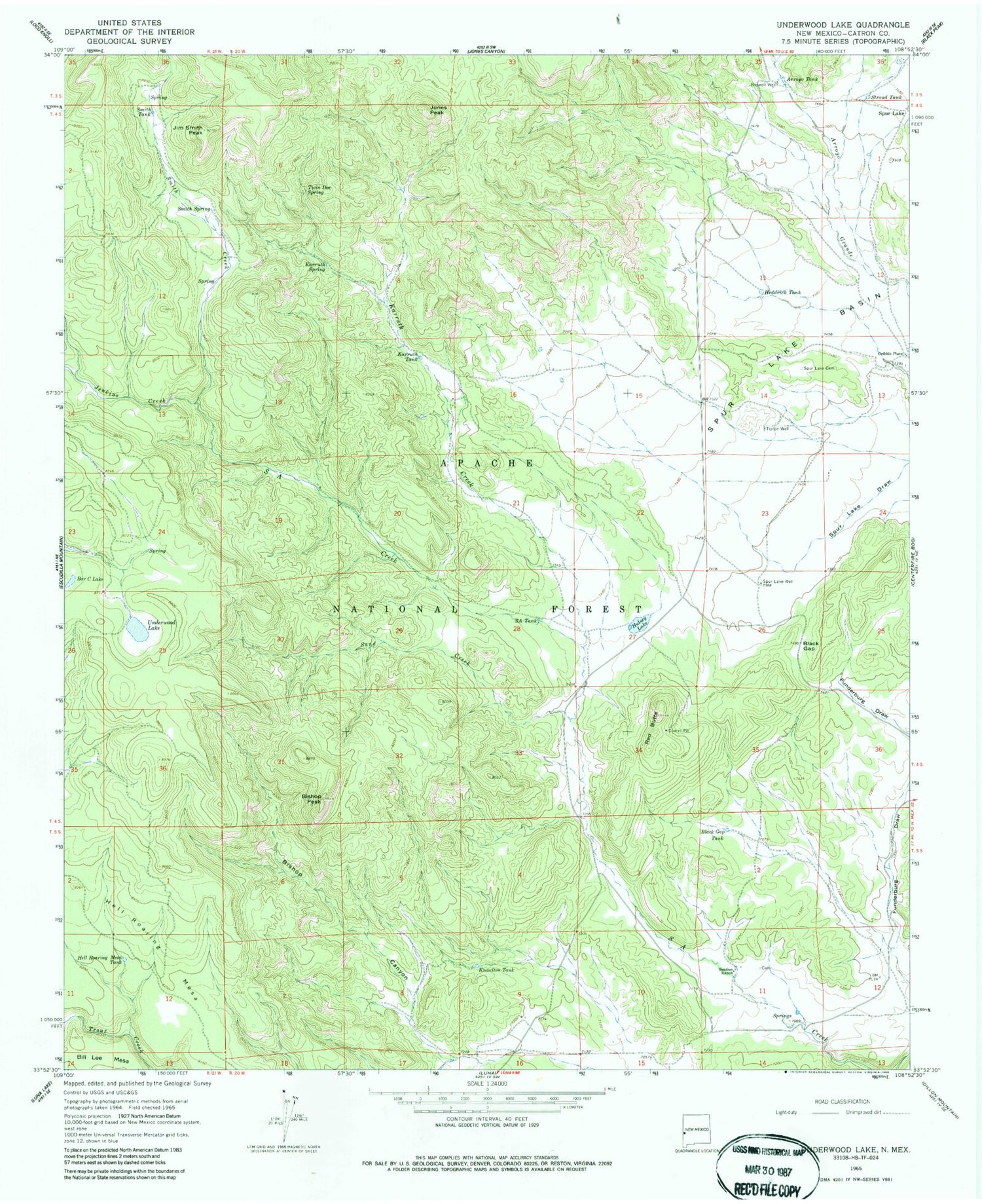 Classic USGS Underwood Lake New Mexico 7.5'x7.5' Topo Map Image