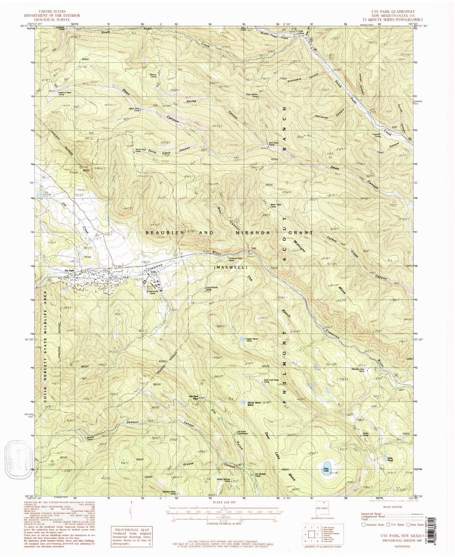 Classic USGS Ute Park New Mexico 7.5'x7.5' Topo Map Image