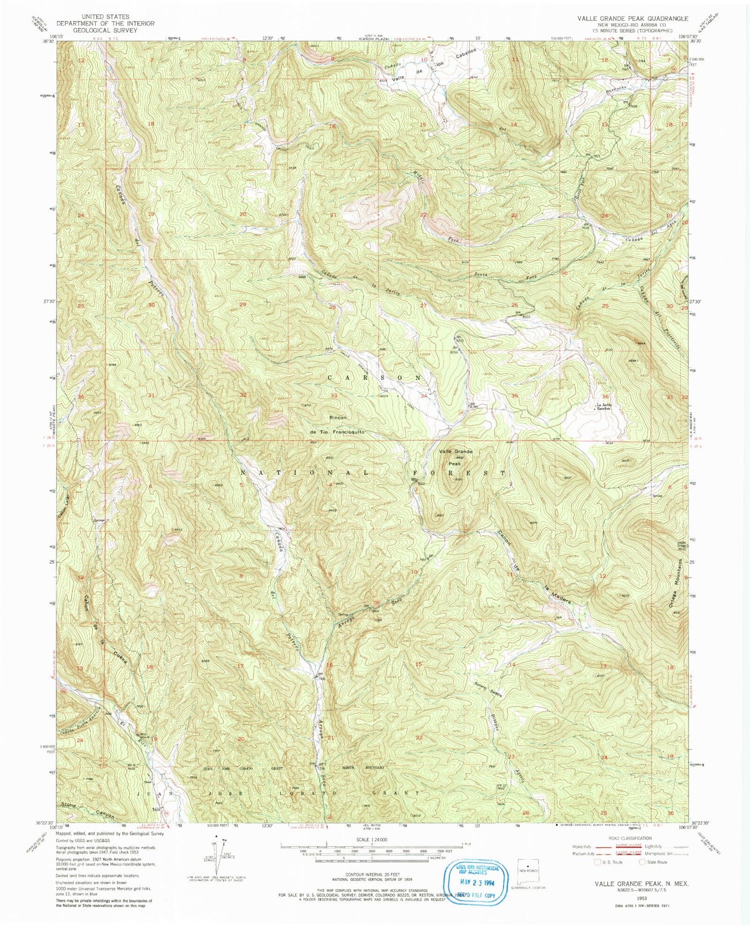 Classic USGS Valle Grande Peak New Mexico 7.5'x7.5' Topo Map Image