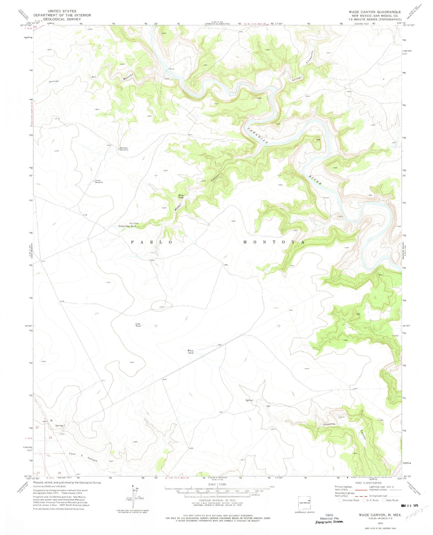 Classic USGS Wade Canyon New Mexico 7.5'x7.5' Topo Map Image