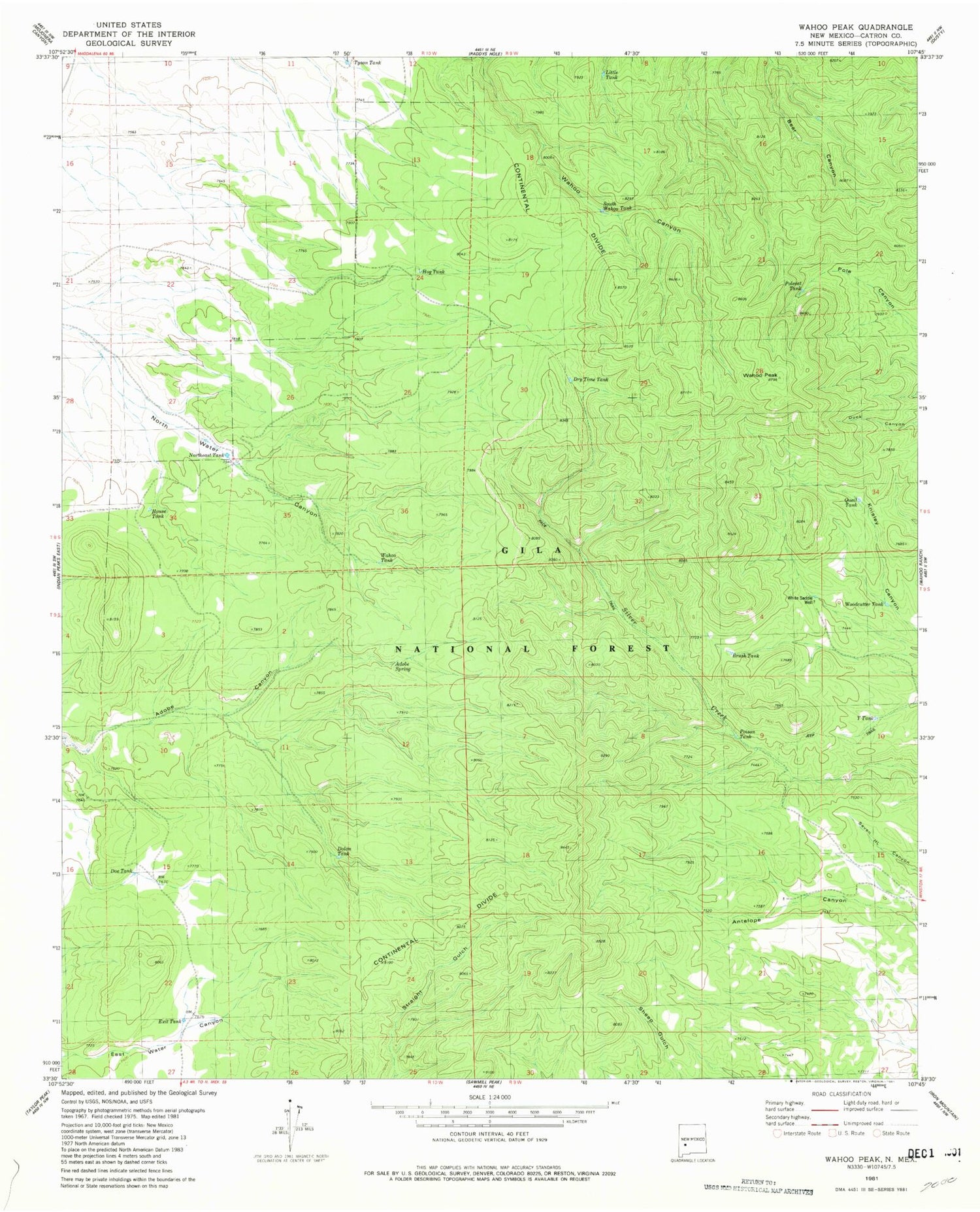 Classic USGS Wahoo Peak New Mexico 7.5'x7.5' Topo Map Image