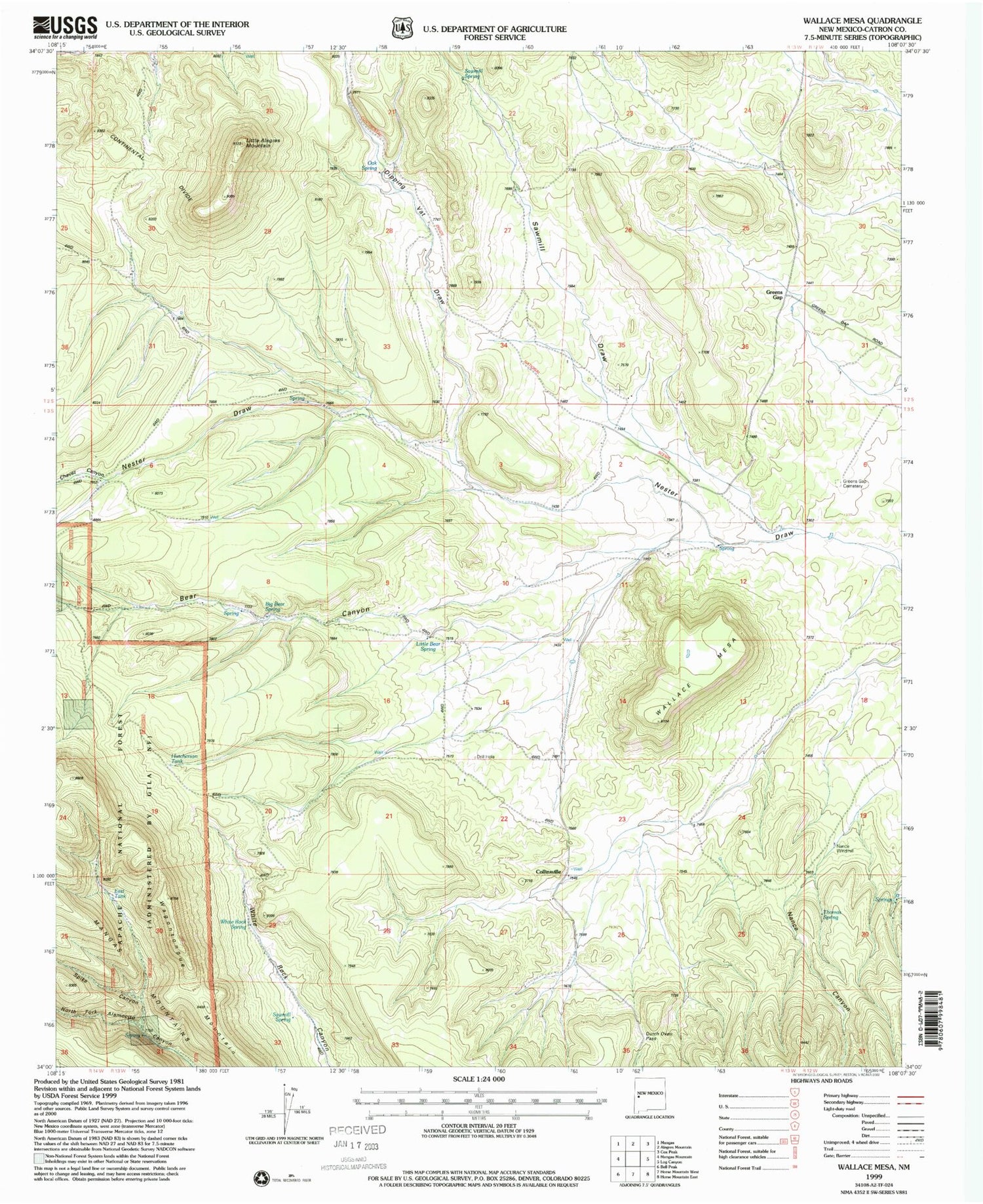 Classic USGS Wallace Mesa New Mexico 7.5'x7.5' Topo Map Image
