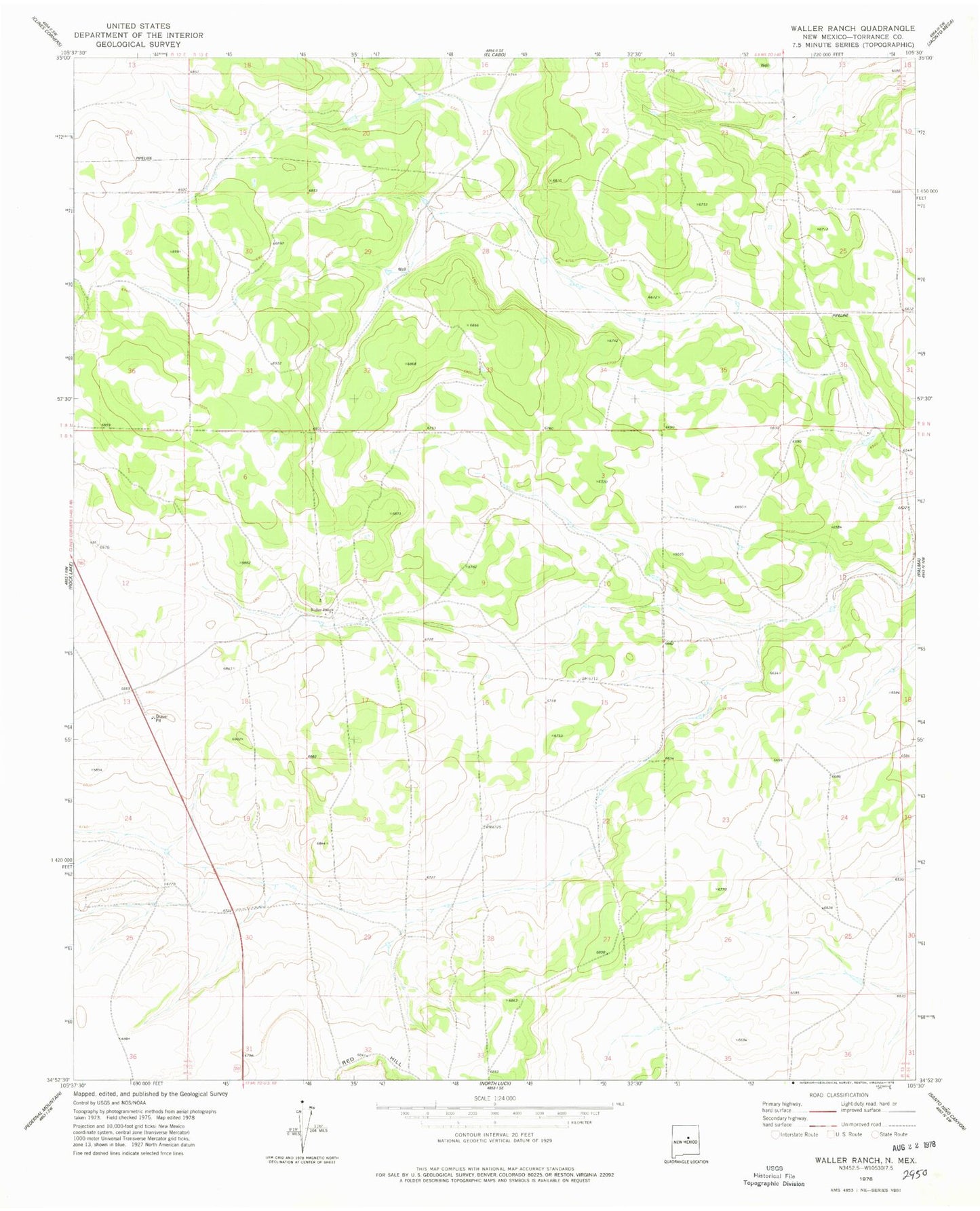 Classic USGS Waller Ranch New Mexico 7.5'x7.5' Topo Map Image