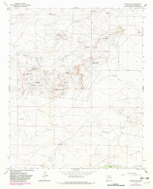 Classic USGS Watts Hill New Mexico 7.5'x7.5' Topo Map Image