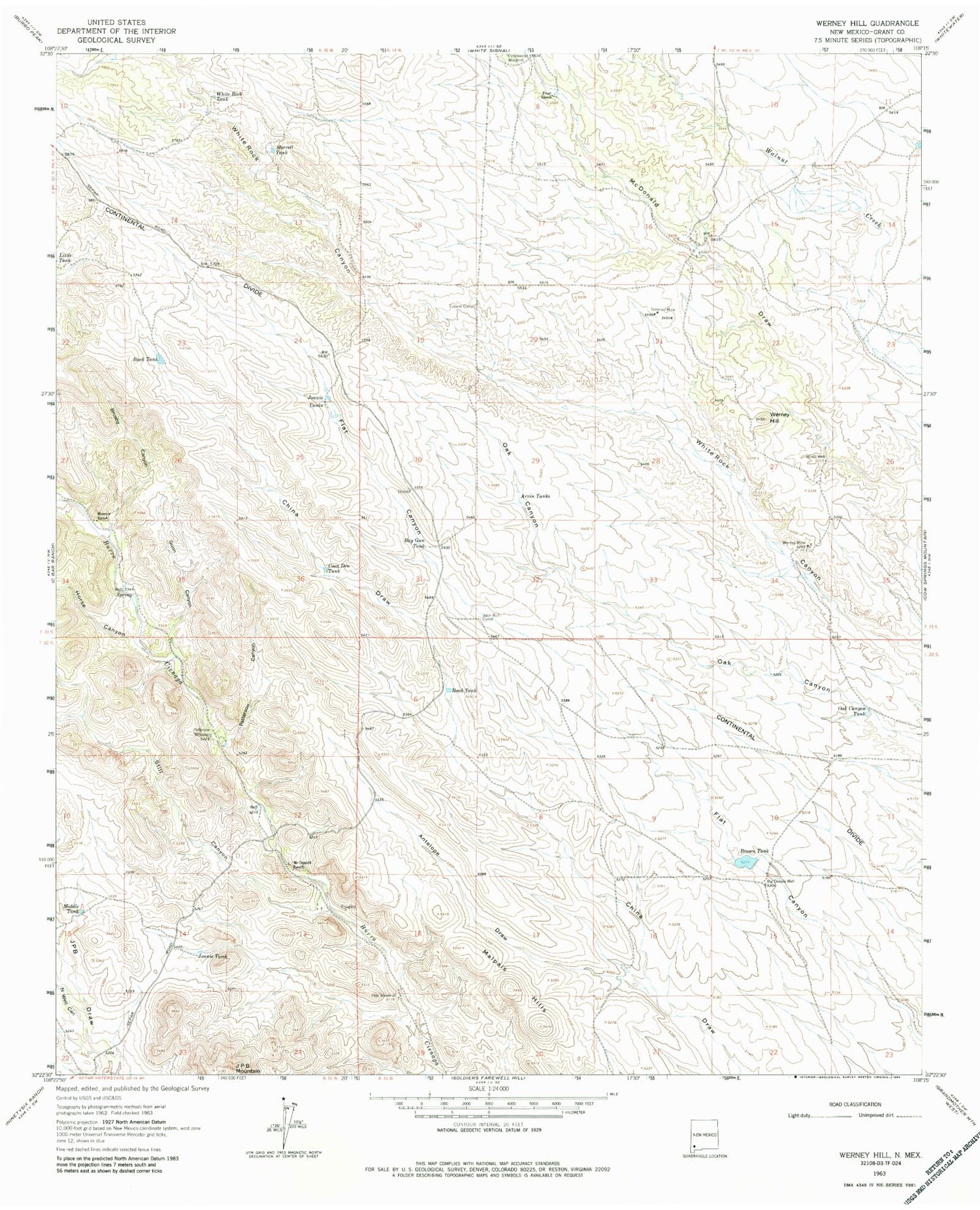 Classic USGS Werney Hill New Mexico 7.5'x7.5' Topo Map Image