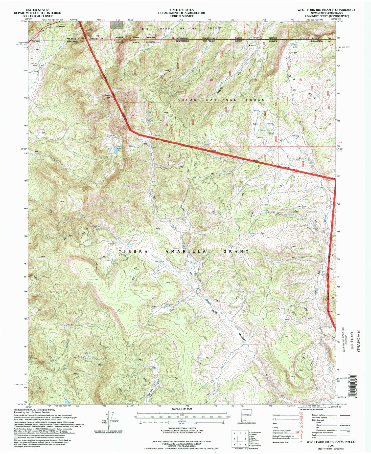 Classic USGS West Fork Rio Brazos New Mexico 7.5'x7.5' Topo Map Image